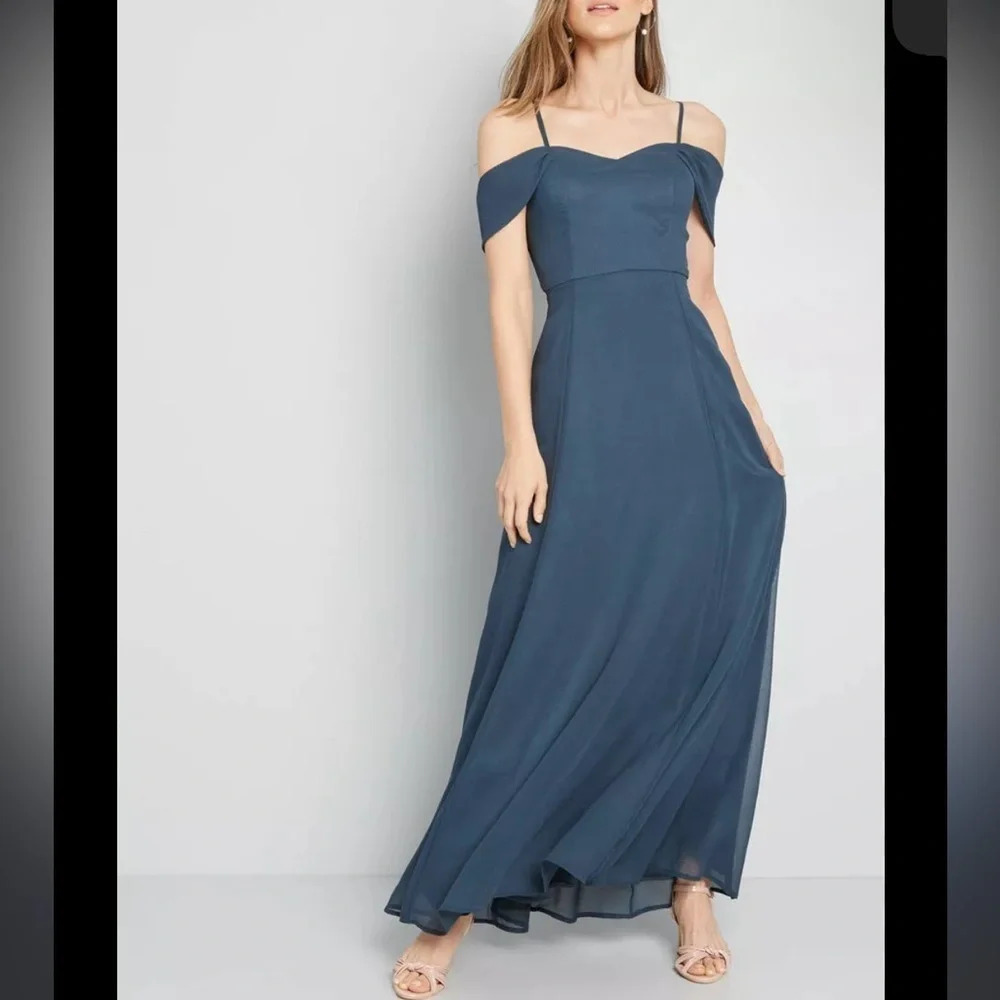 ModCloth Chiffon maxi dress bridesmaid blue off the shoulder long  2